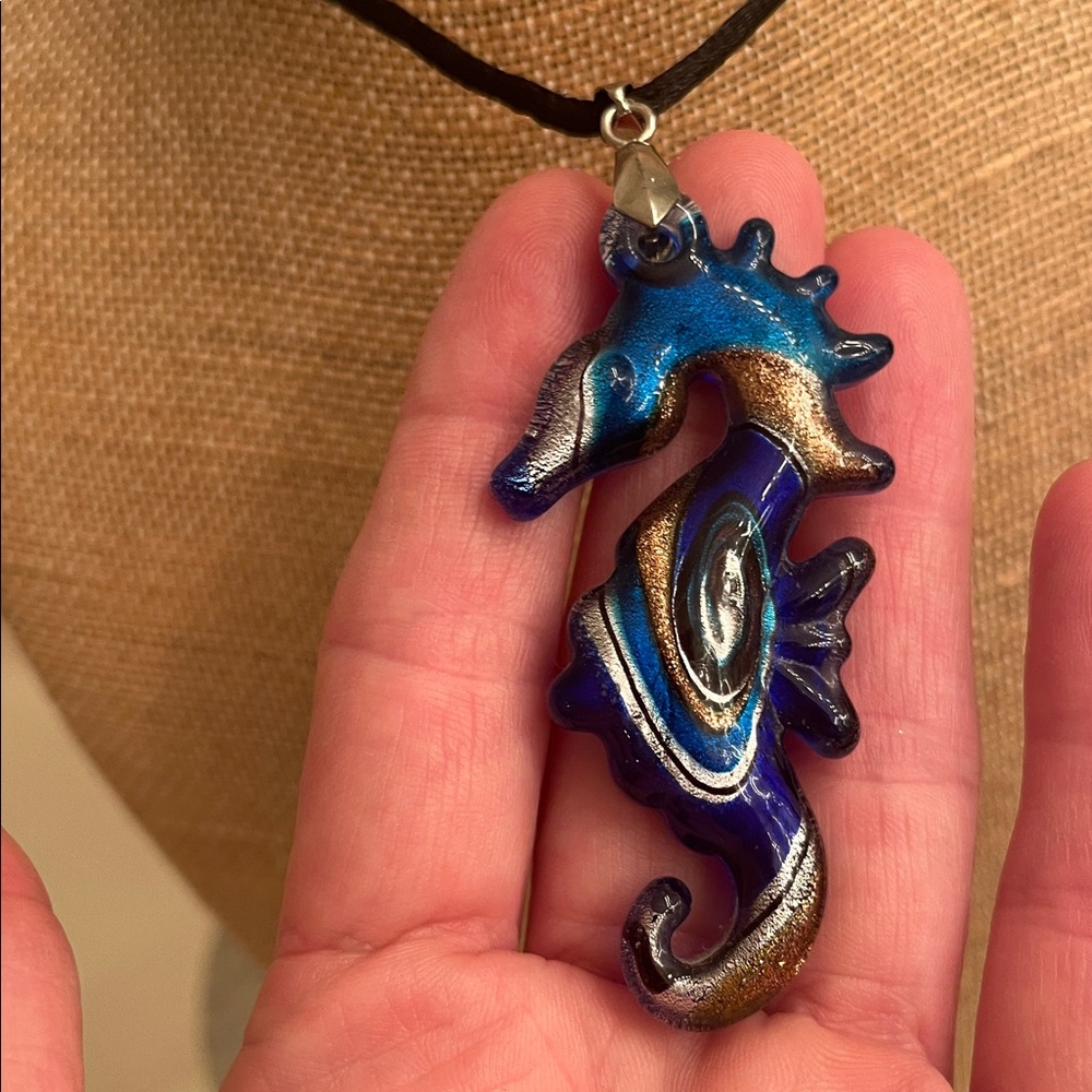 Blue Glass Seahorse Pendant Necklace